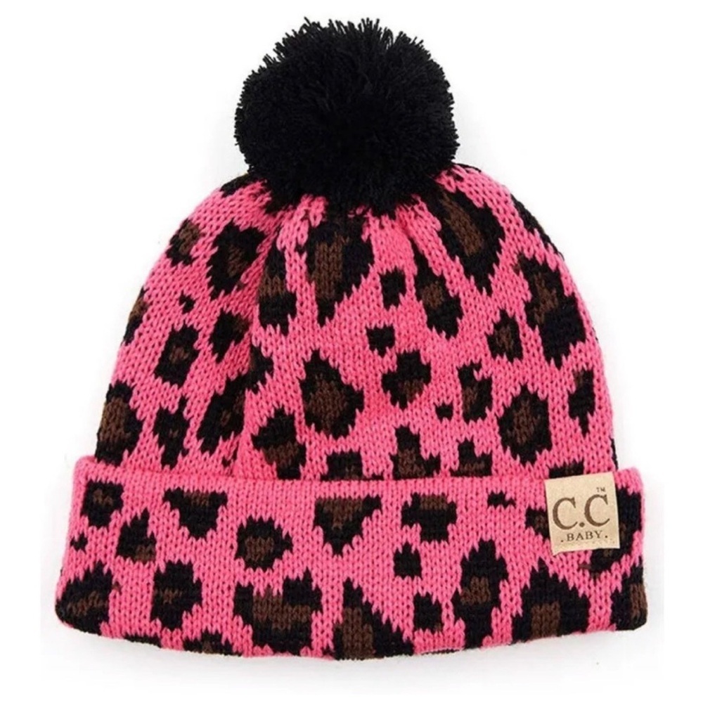 C.C Baby Infant pink leopard Leopard Knit Warm Soft Pom Beanie Hat